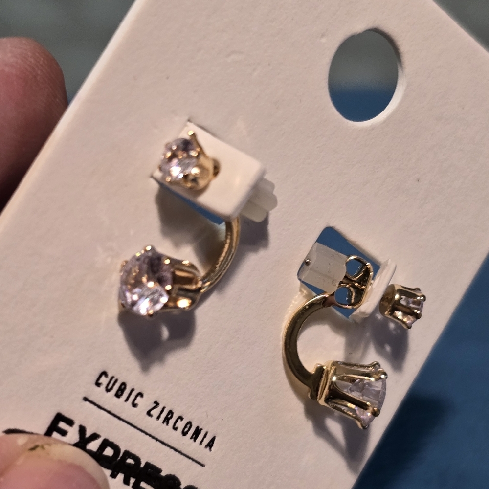 Express Gold and Clear Cubic Zirconia Earrings Pierced 1/2" Length Very Pretty!